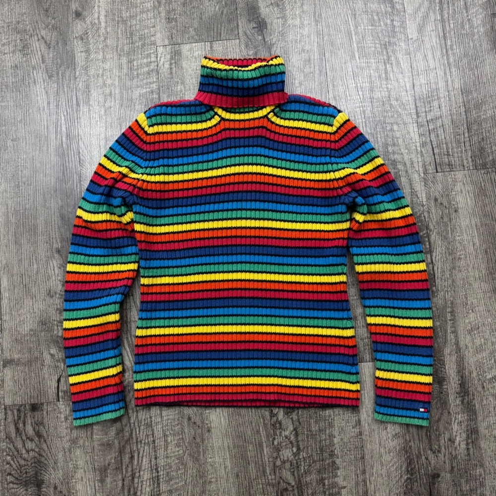 Vintage Tommy Hilfiger Rainbow Stripe Ribbed Turtleneck Sweater Y2K